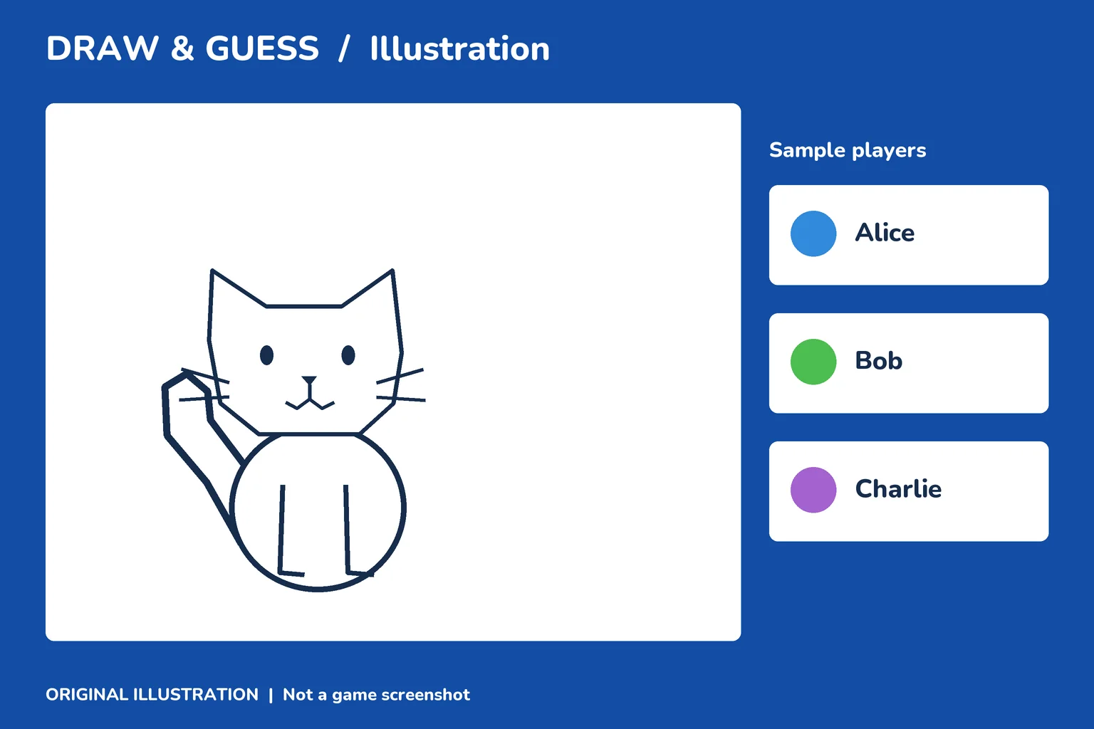Illustration, not a game screenshot: a cat sketch beside three sample players
