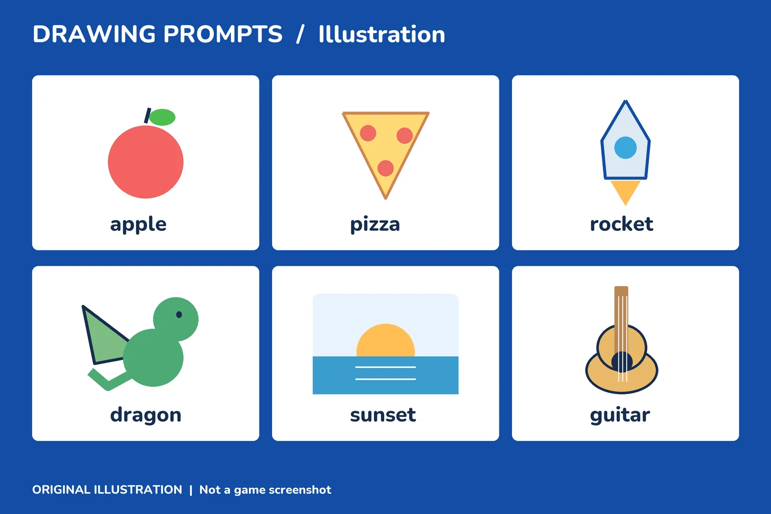 Original illustration: word cards for apple, pizza, rocket, dragon, sunset, and guitar